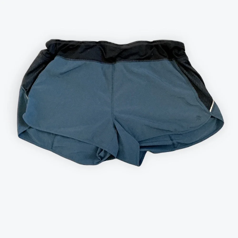 Athleta Womens Mesh Panel Running Shorts Teal Blue Black XL Zipper Pocket